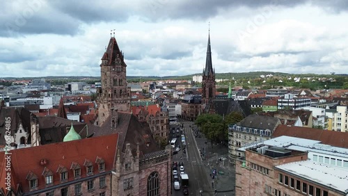 Summer cityscape of Saarbrücken, Germany. Aerial view of the city center with Rathaus (Town hall) in the foreground. photo