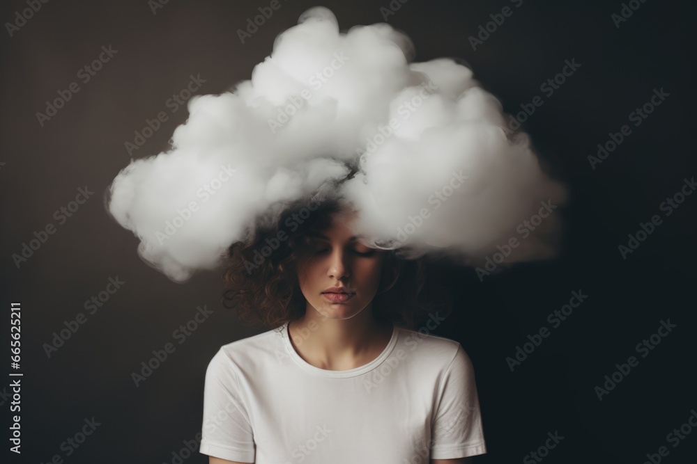 Woman with cloud above her head depicting loneliness and depression, loneliness and anxiety concept, isolated on black background