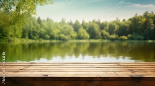 Empty wooden table on blurred river and forest bench background. 