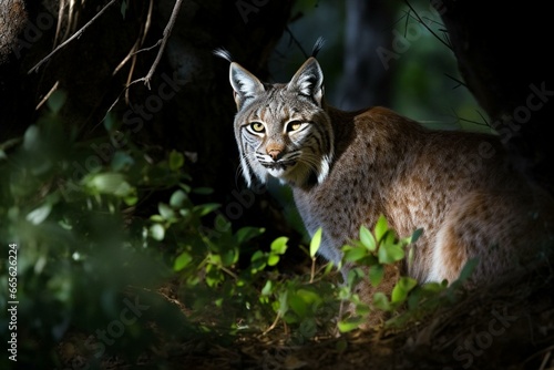 A secretive lynx hunting in the lush foliage of a Mediterranean wood. Generative AI