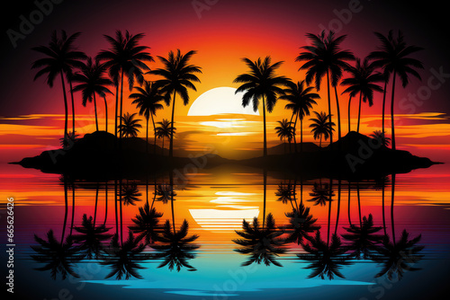 Synthwave style tropical sunset scene