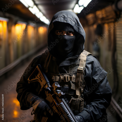 terrorist dressed in black wearing a face covering stands with a gun in a small underground tunnel.generative ai