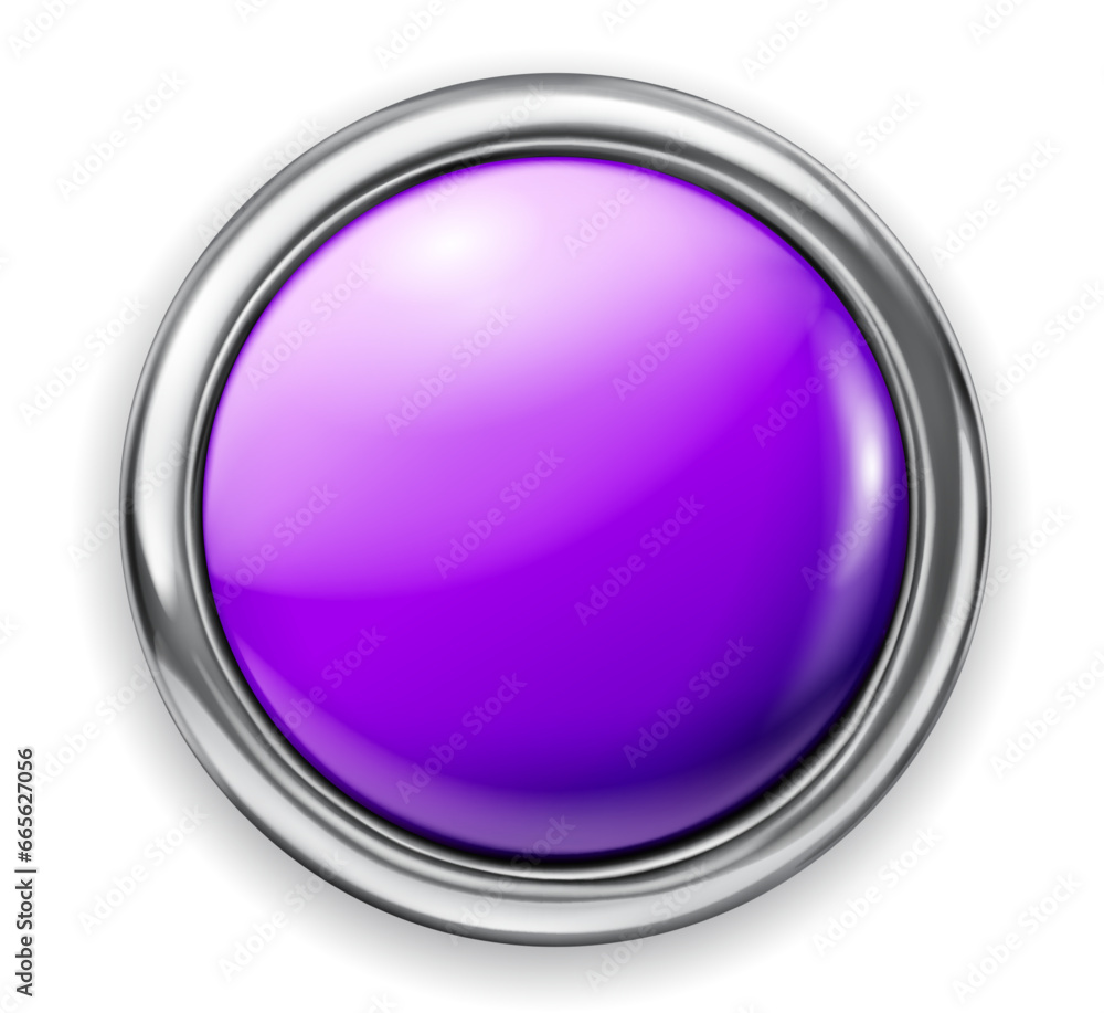 Realistic big purple plastic button with thin shiny metallic border. With shadow on white background Realistic big purple plastic button with thin shiny metallic border. With shadow on white background