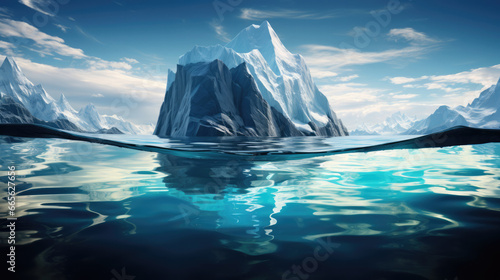 Majestic iceberg landscape under the Arctic sky, a breathtaking scene of nature's frozen beauty with underwater view