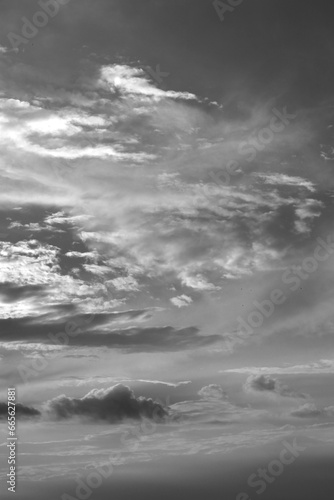 Black and white landscape. Mesmerizing contrasting clouds.