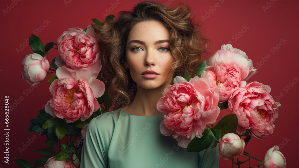 Beautiful young woman with pink peonies on a red background.