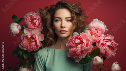 Beautiful young woman with pink peonies on a red background.