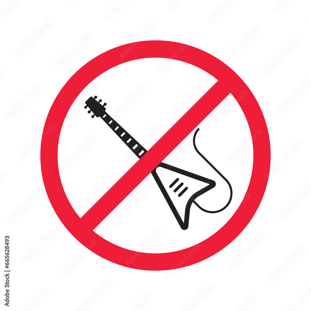 Forbidden Prohibited Warning, caution, attention, restriction label danger. No guitar vector icon. Do not use electro guitar sign design. No rock music symbol flat pictogram. Forbidden Prohibited Warning, caution, attention, restriction label danger. No guitar vector icon. Do not use electro guitar sign design. No rock music symbol flat pictogram.