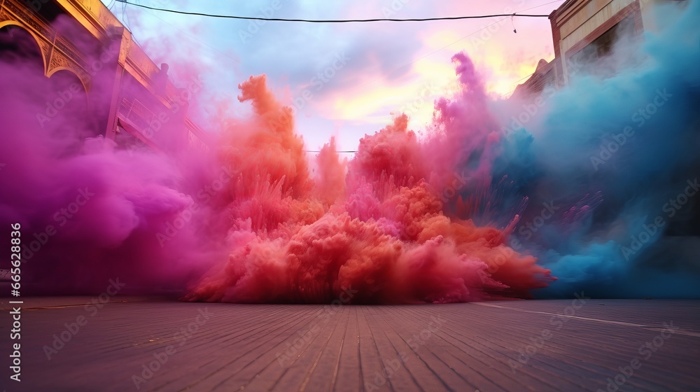 Colored powder explosion in the street. Urban Abstract closeup dust. Colorful explode. Paint holi