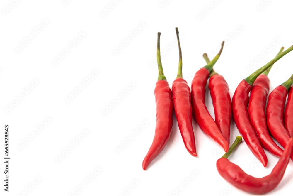 Red chili pepper isolated on white background. Set of ripe and fresh red chili peppers.