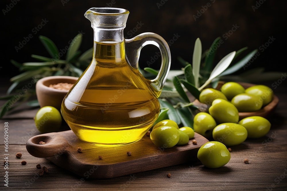 Virgin olive oil in a crystal bottle on wooden background Virgin olive oil in a crystal bottle on wooden background