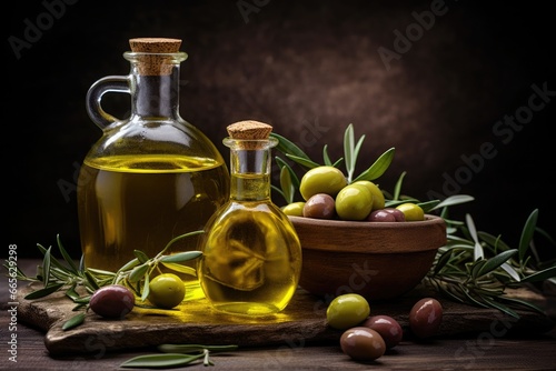 Virgin olive oil in a crystal bottle on wooden background