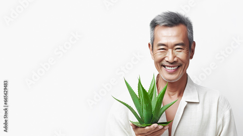 Asian mature positive man holding aloe vera plant on white background. Skin care concept