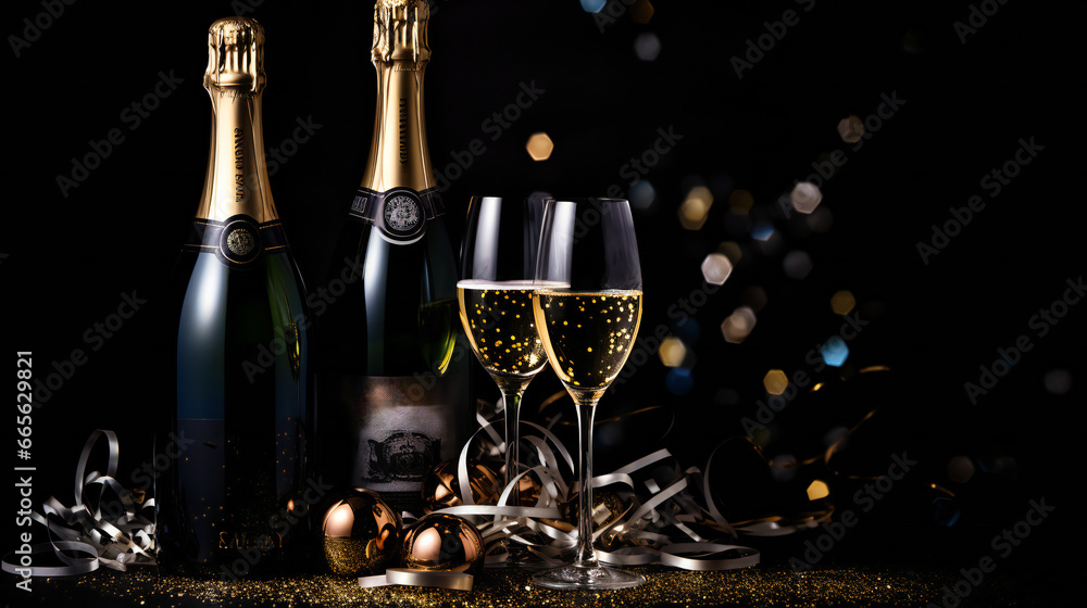 
Champagne Bottle, Wine Glasses, Golden Confetti, and Decorative Balls on a Stylish Dark Background - Lavish Flat Lay Arrangement. Generation AI - obrazy, fototapety, plakaty 