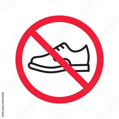 Forbidden Prohibited Warning, caution, attention, restriction label danger. No shoes vector icon. Do not wear shoes sign design. No man shoe symbol flat pictogram. No classic shoe