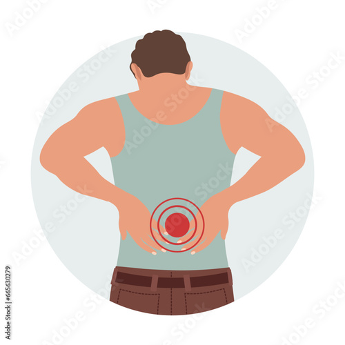 A man with pain in the cervical and lumbar vertebrae. Back pain, muscle pain, osteoarthritis, rheumatoid arthritis. Medicine. Illustration, vector