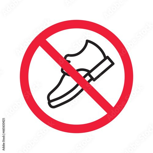 Forbidden Prohibited Warning, caution, attention, restriction label danger. No shoes vector icon. Do not wear shoes sign design. No man shoe symbol flat pictogram. No classic shoe