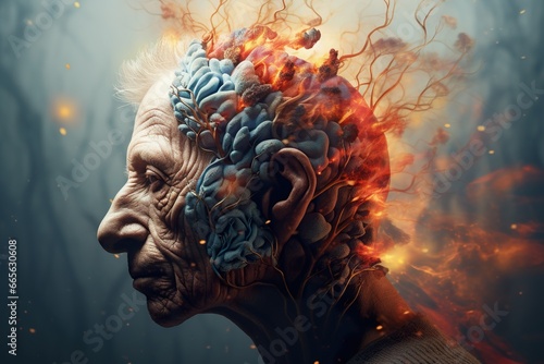 Dissolving memories of a senior man. Concept for memory loss dementia and Alzheimer   s disease 