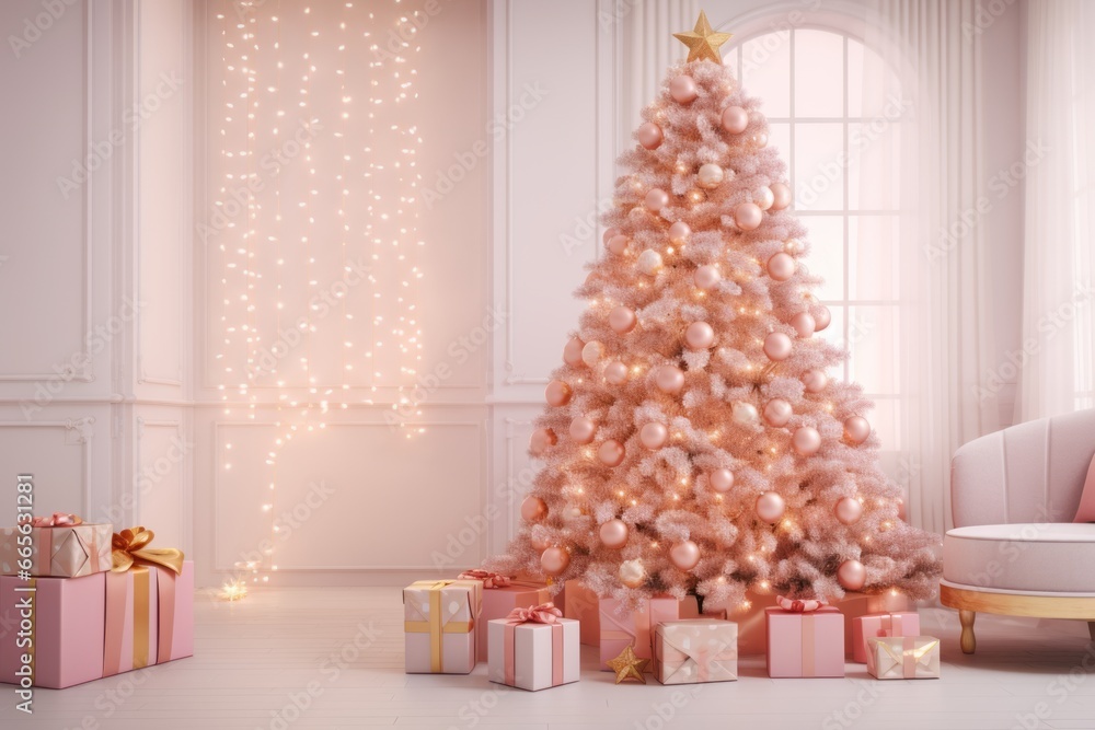 Modern trendy pink Christmas tree with toys balls in a minimalist glamour interior, pastel colors. Golden ornaments and garlands. Boxes with gifts under the Christmas tree. Generative AI.