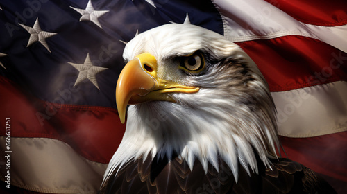 Iconic American Bald Eagle with Flag of USA: Symbolizing America - Patriotic United States Symbols. Generation AI