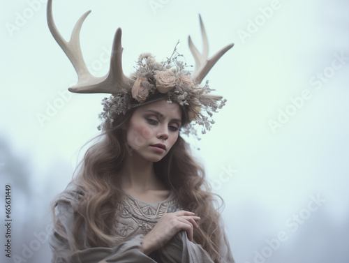 Graceful maiden with deer antlers in misty woods. Ethereal beauty. Pagan Christmas, New Year and Solstice. Design for album cover, art print, banner with copy space for text photo