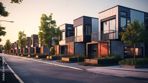  Modern modular private townhouses. Residential minimalist architecture exterior. A very modern neighborhood  late afternoon or morning shot. Generation AI