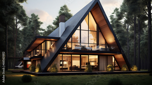 Modern residential suburban building A-frame architecture, a luminous triangular house with large windows