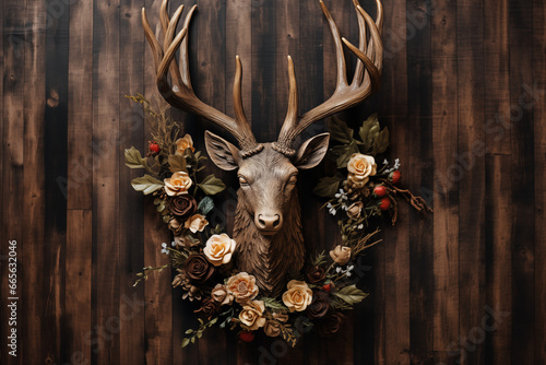 Elegant deer with floral arrangement on wooden backdrop. Pagan Christmas and New Year concept. Design for greeting card, background, banner with copy space for text
