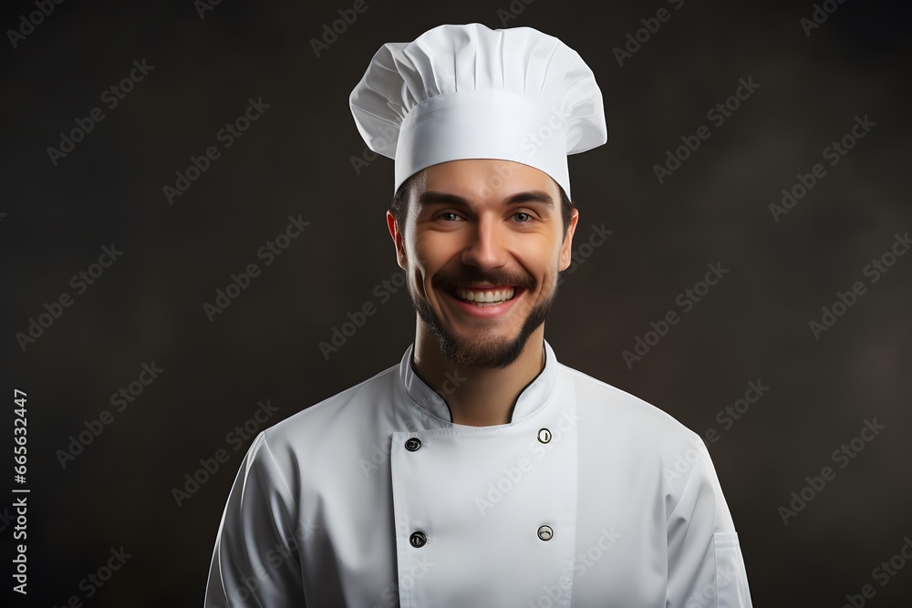 Happy smiling male chef over grey background.