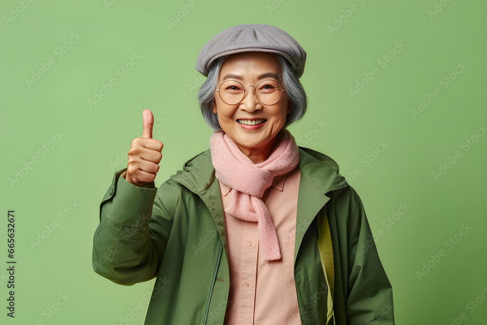 Senior woman wear green clothes winter style happy greeting on pastel background Senior woman wear green clothes winter style happy greeting on pastel background