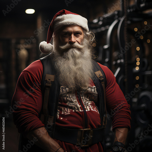 Big muscular Santa Claus is exercising in the fitness center to send gifts during Christmas.generative ai