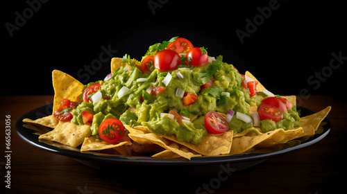 Plate of freshly made spicy nachos with guacamole isolated on transparent background. Generation AI
