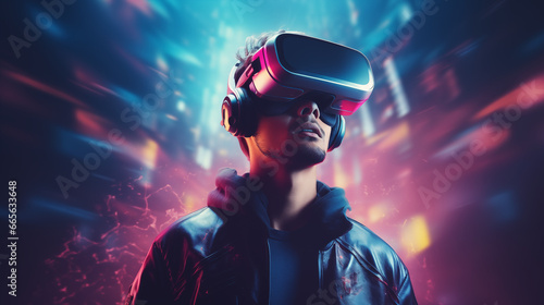 Guy wearing a VR headset with a cool abstract background © DigiArtStudio