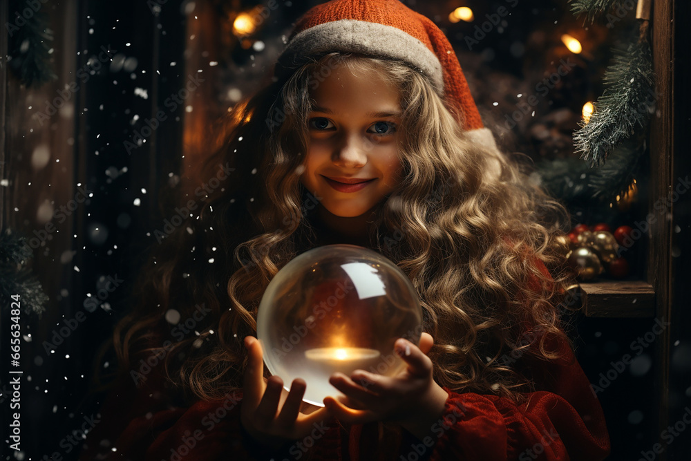 Young girl with a magical christmas candle outdoor in the night. Christmas marketing campaign or wallpaper background.
