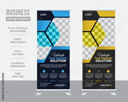 Black and blue business agency standee x rollup banner template design. Vector illustration.