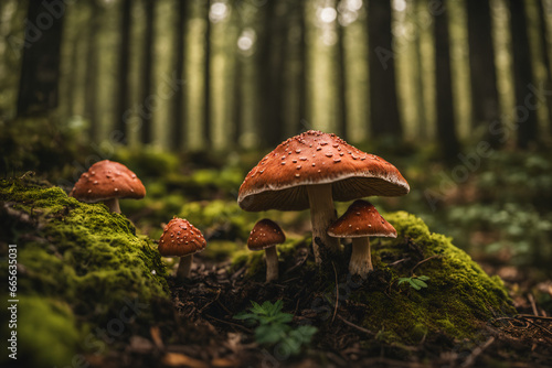Orange Mushrooms Emerge in Abundance in a mossy forest © Natthithin