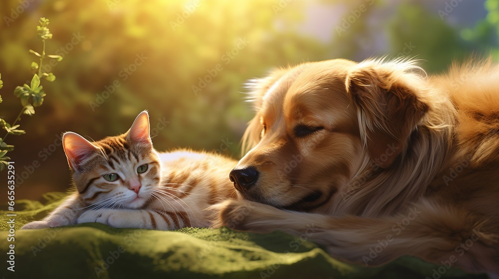 Endearing cat and cute dog lie side by side on sun drenched grass, basking in warmth and harmony of their companionship, heartwarming example of bonds between different creatures Endearing cat and cute dog lie side by side on sun drenched grass, basking in warmth and harmony of their companionship, heartwarming example of bonds between different creatures