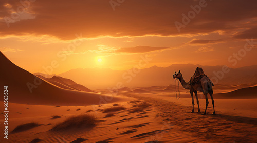 Lone camel stands of searing heat sandy desert watches at setting sun, camel symbolizes struggle against thirst, sweltering temperatures and unforgiving desert climate, endurance camel in desert