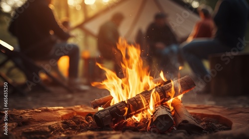 Warm cozy campfire flames dance in dusk with tent camping background, inviting atmosphere for weekend tent camping and outdoor recreation, serenity of spending time in great outdoors