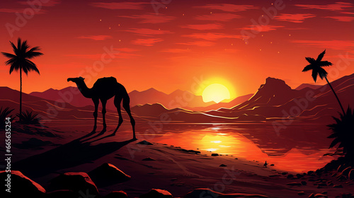 Silhouette of camel against sunset in heat sandy desert  vibrant sunset lights cast warm  enchanting glow  scorching sandy desert encapsulates timeless allure of desert landscape  serenity in desert