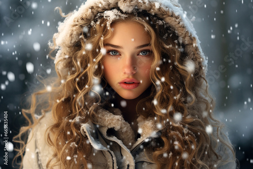 portrait of a woman in winter during snowfall.