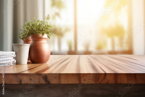 Empty wooden table with blurred bathroom background. Generative AI