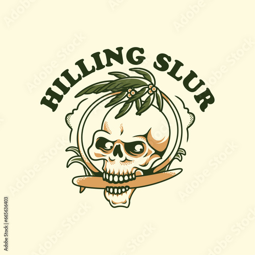 Vintage surfing adventure skull biting the wave with palm trees on the beach Vector Illustration