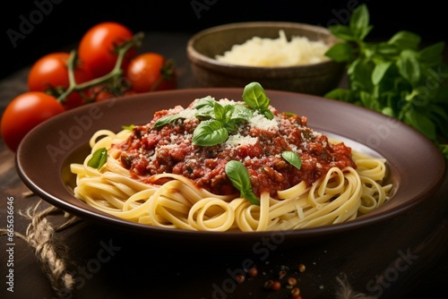 Classic pasta dish with tomato sauce, parmesan cheese, and traditional Bolognese meat sauce. Generative AI