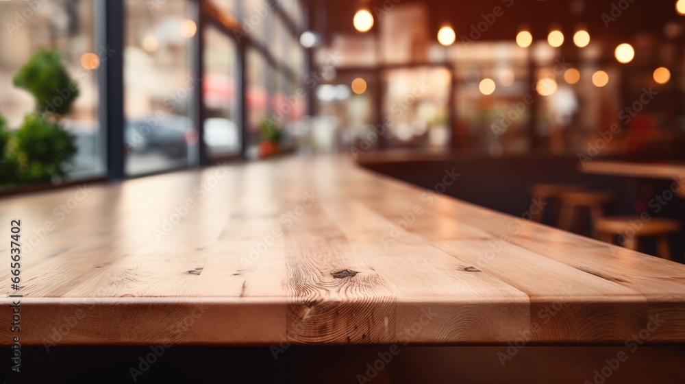 Empty wooden table surface closeup, blur cafe bar restaurant or retail shop interior background, bokeh lights. Empty wooden table surface closeup, blur cafe bar restaurant or retail shop interior background, bokeh lights.