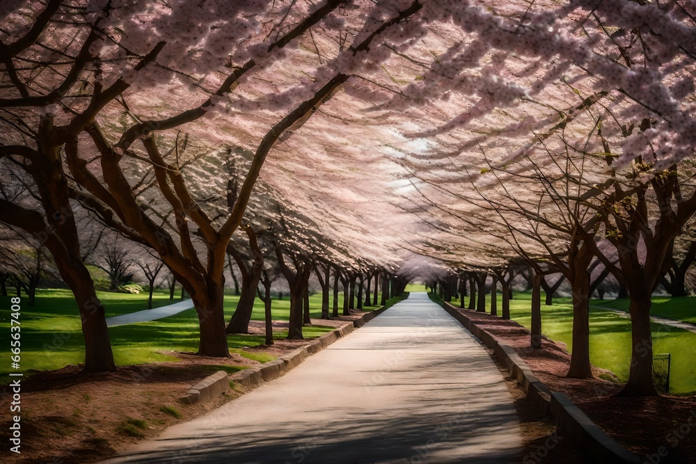a tranquil park pathway lined with cherry trees in bloom, creating a serene tunnel of pink and white blossoms a tranquil park pathway lined with cherry trees in bloom, creating a serene tunnel of pink and white blossoms