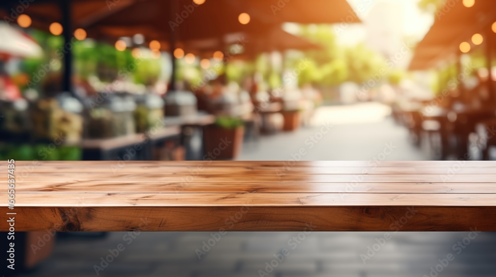 Empty wooden table surface closeup, blur cafe bar restaurant or retail shop interior background, bokeh lights.