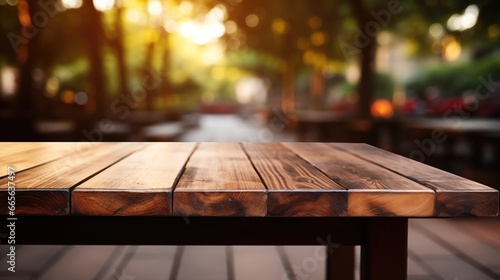 Empty wooden table surface closeup, blur cafe bar restaurant or retail shop interior background, bokeh lights.