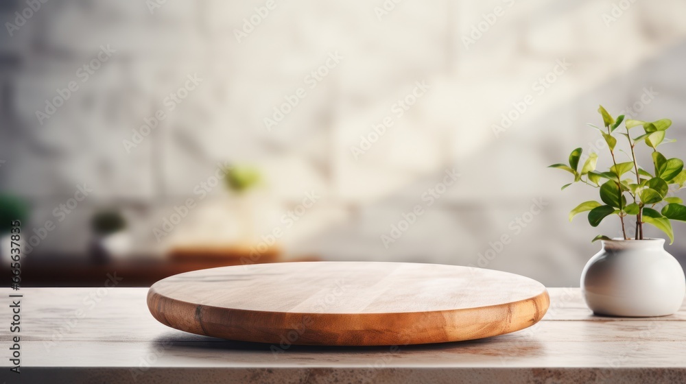 Round wooden board sits empty on a white stone kitchen countertop - obrazy, fototapety, plakaty 