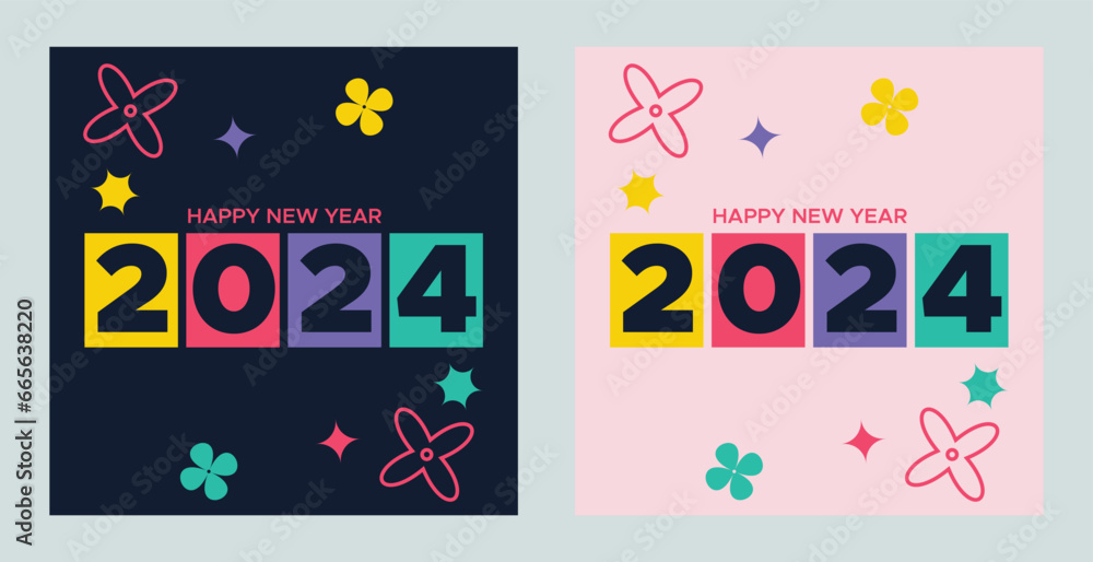 Happy New Year 2024 with colorful Minimalistic trendy design. Happy New Year 2024 square template. greeting background designs, New Year, and social media promotional content. Vector illustration